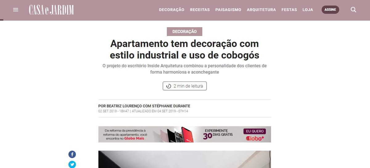 Primeira tela da matéria "Apartamento tem decoração com estilo industrial e uso de cobogós" na Casa e Jardim, projeto INSIDE