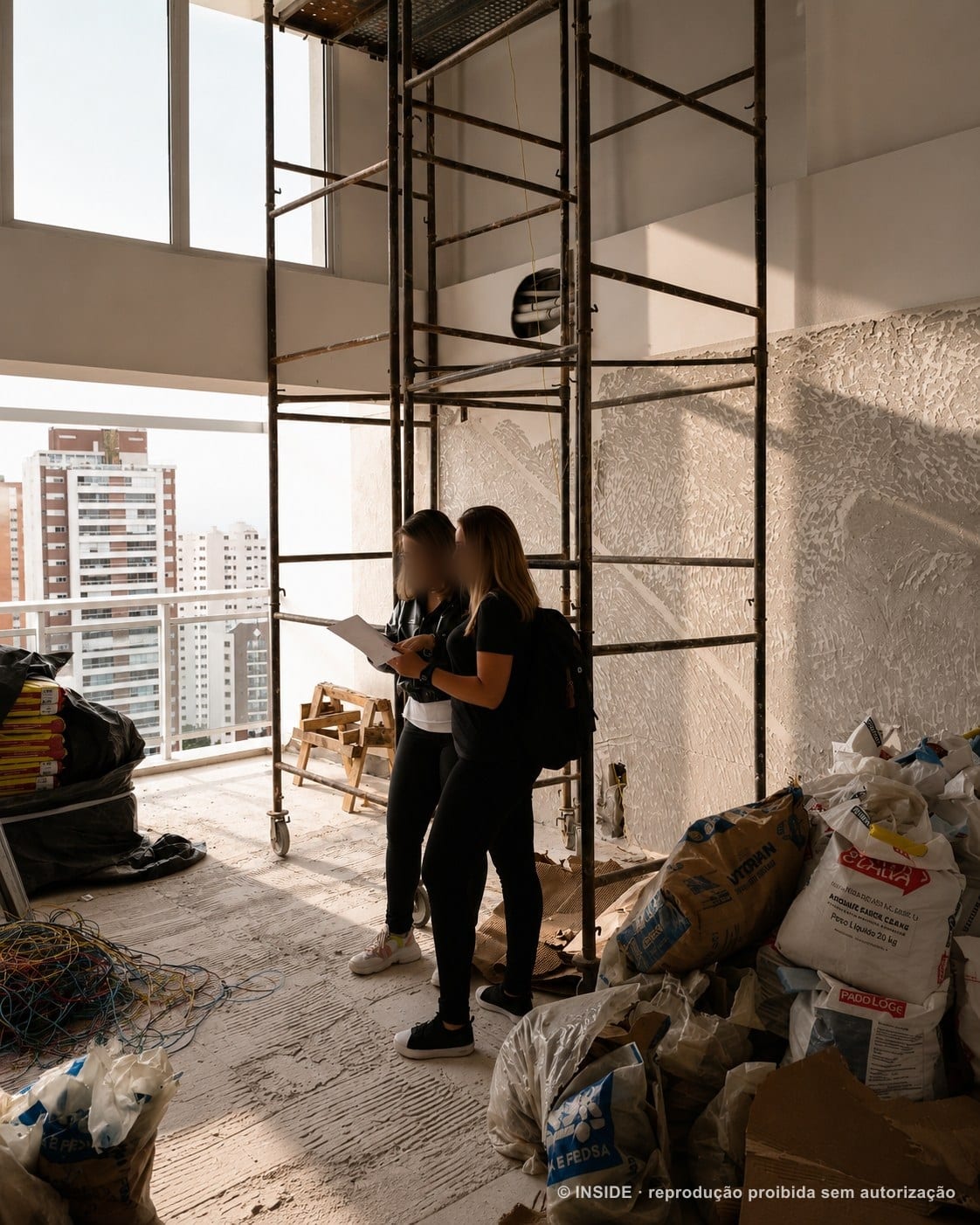 Duas profissionais da INSIDE conferindo a prancheta dentro de um apartamento em obra, com andaime montado, sacos de argamassa no chão e a cidade pela janela, acervo INSIDE