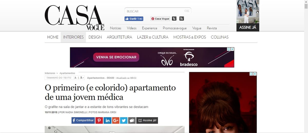 Primeira tela da matéria "O primeiro (e colorido) apartamento de uma jovem médica" publicada na Casa Vogue