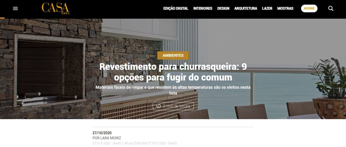 Primeira tela da matéria "Revestimento para churrasqueira: 9 opções para fugir do comum" publicada na Casa Vogue