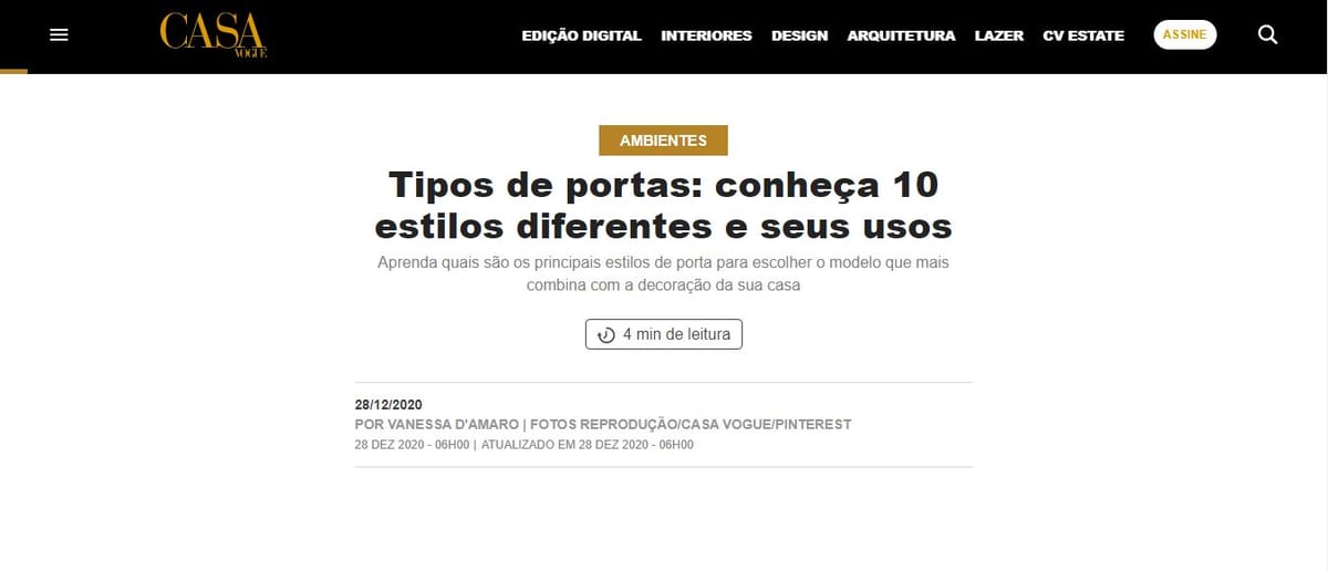 Primeira tela da matéria "Tipos de portas: conheça 10 estilos diferentes e seus usos" publicada na Casa Vogue