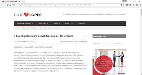 Print da coluna "Da antiguidade à atualidade, sem perder o charme" da INSIDE em Blog Lopes