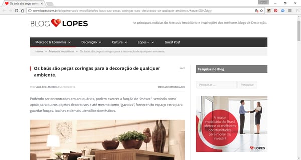 Print da coluna "Baús: peças coringa na decoração" da INSIDE em Blog Lopes