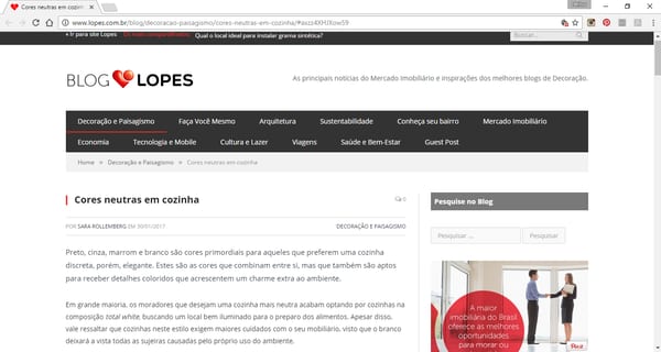 Print da coluna "Cores neutras em cozinha" da INSIDE em Blog Lopes