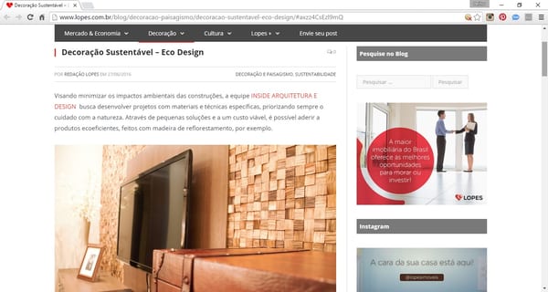 Print da coluna "Decoração sustentável · Eco Design" da INSIDE em Blog Lopes