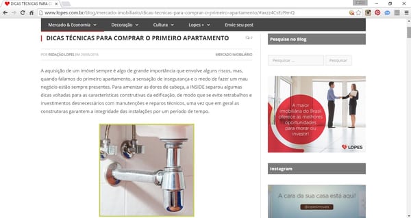 Print da coluna "Dicas para comprar o primeiro apartamento" da INSIDE em Blog Lopes