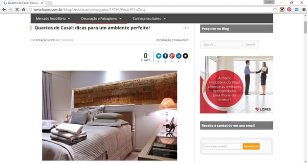 Print da coluna "Quartos de casal: dicas para um ambiente perfeito" da INSIDE em Blog Lopes