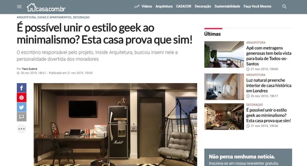 Print da matéria "É possível unir o estilo geek ao minimalismo? Esta casa prova que sim" publicada em Casa e Jardim · Globo, acervo INSIDE