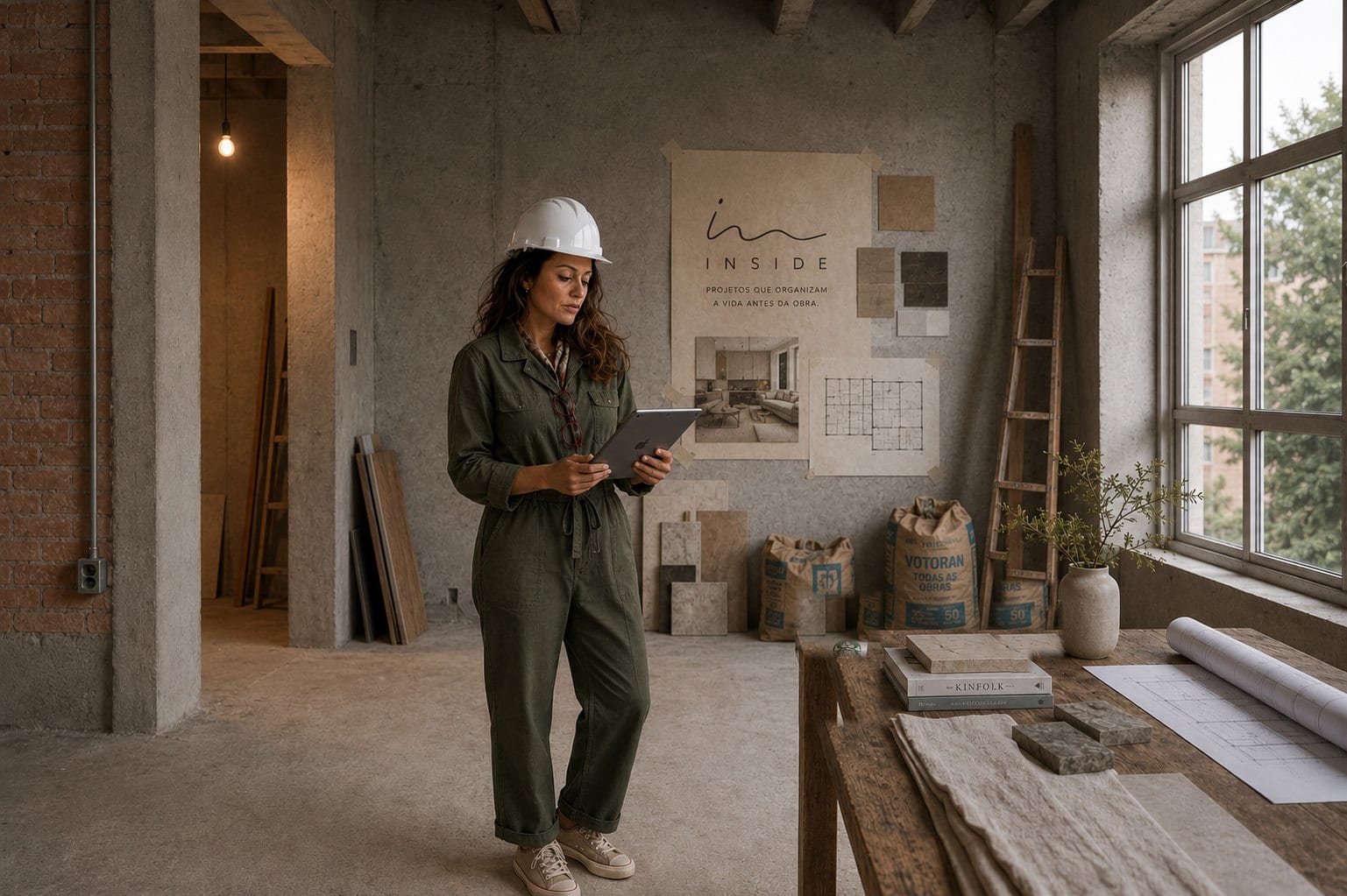 Sara Rollemberg, fundadora e diretora criativa da INSIDE, de capacete e tablet em visita a obra, 2026, acervo INSIDE