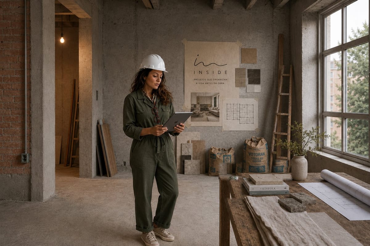 Sara Rollemberg, fundadora da INSIDE, de capacete e tablet em visita a obra, 2026, acervo INSIDE